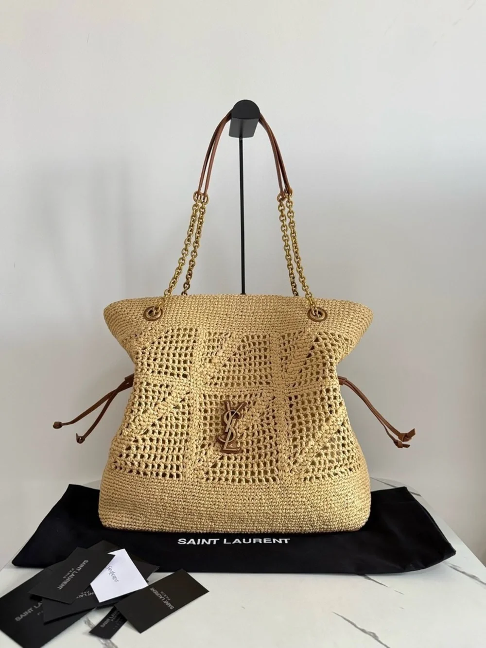 Yves Saint Laurent Tan Raffia Crochet Tote with Gold Chain and YSL Emblem